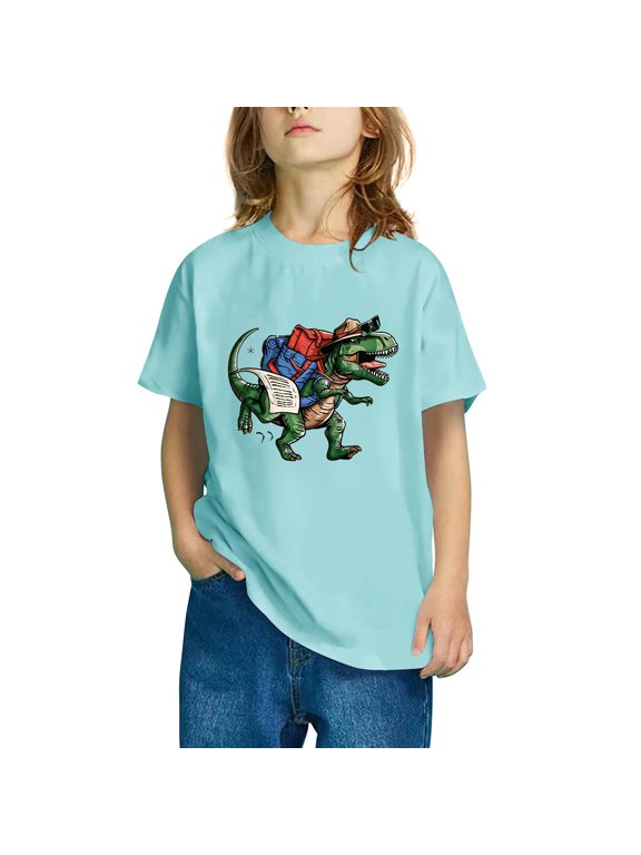 Girls Short Sleeve T Shirts Kids Crew Neck Casual Dinosaur Print Comfortable Soft Top Shirt Kids Clothes Light Blue 4 T