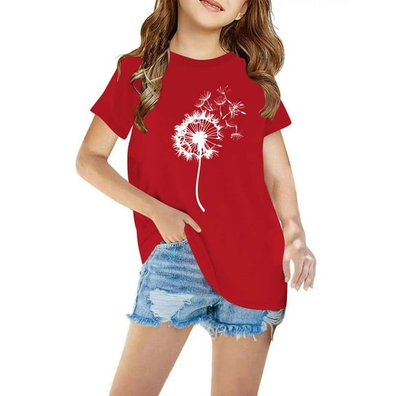 Riecok Girls Short Sleeve T Shirts Kids Round Neck All-match Comfortable Soft Fashion Undershirts Tee Shirt Top Kids Blouse Red 5 T