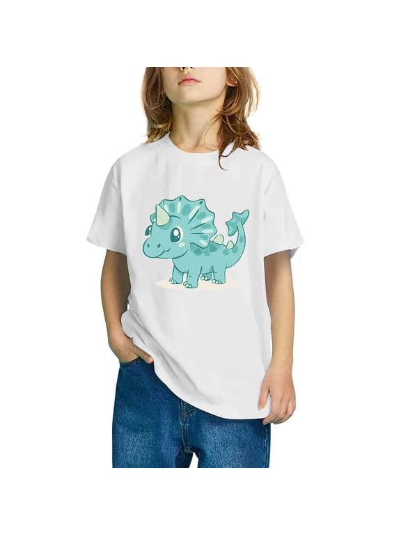 Girls Short Sleeve T Shirts Kids Round-Neck Casual Dinosaur Print Comfortable Soft Top Shirt Kids Clothes White 4 T