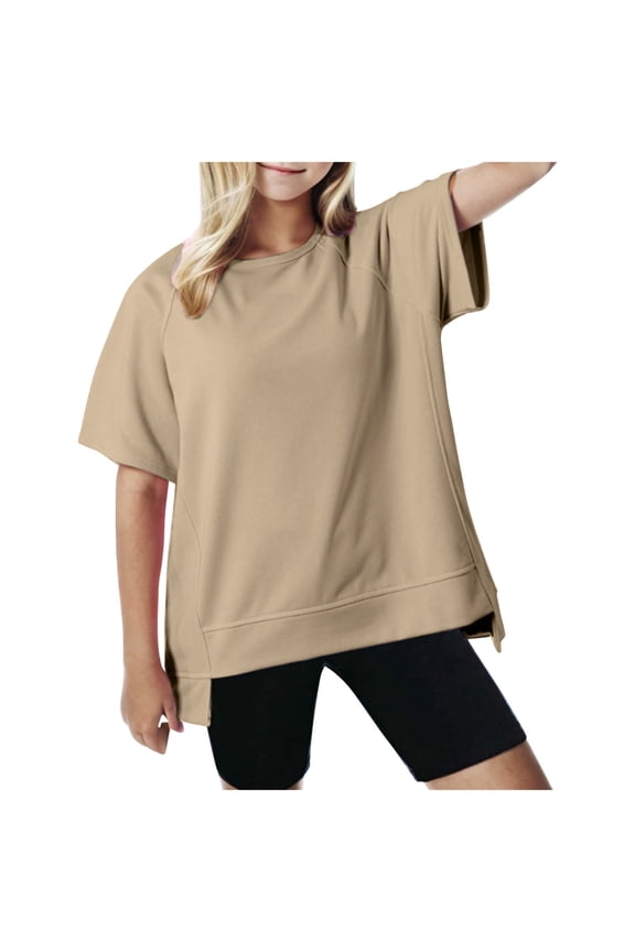 Girls Short Sleeve T Shirts Kids Round Neck Casual Solid Color Comfortable Soft Top Shirt Kids Clothes Khaki 4 T