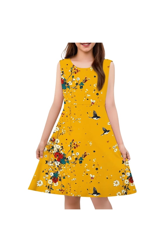 Girls Simple Floral Motif Sleeveless Vest Dress Kids Casual Summer Outfit Fashion Clothing Cute Dress Yellow 13 Years