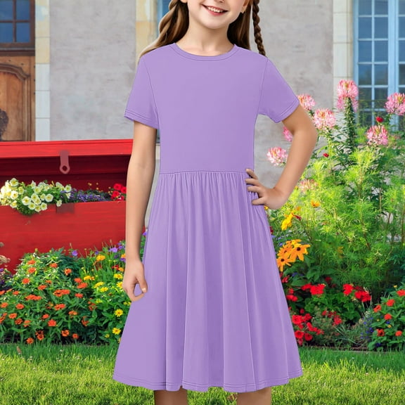 Riecok Girls Simple Tie-Dye Graphic Pocket Short Sleeve Ruffle Long Maxi Dress Tween Casual Summer Kids Fashion Purple 5 Years