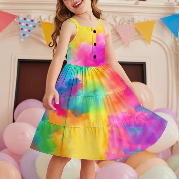 Riecok Girls Sleeveless Button Down Tiered Dress 2-12 Comfortable Lightweight Breathable Flowy Summer Vacation Round Neck Easter Print Layered Light with Pockets Kids Dress Multicolor 100
