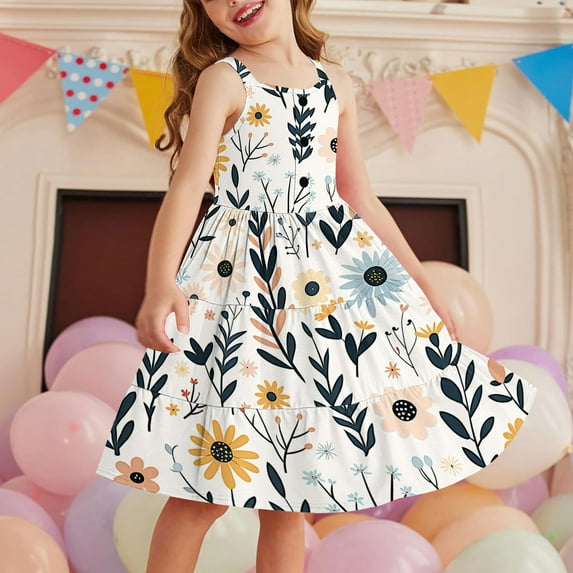 Riecok Girls Sleeveless Button Down Tiered Dress 2-12 Comfortable Lightweight Breathable Flowy Summer Vacation Round Neck Floral Print Layered Light Big Flowers with Pockets Kids Dress Multicolor 140