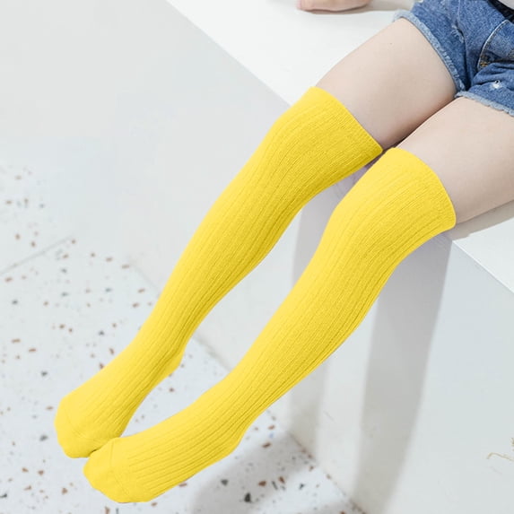Riecok Girls Socks Solid Color High Tube Socks Middle Tube Socks Over Knee Long Socks All-match Comfort Soft Stretch Solid Assorted Breathable Kids' colorful socks for school Yellow 3 Years