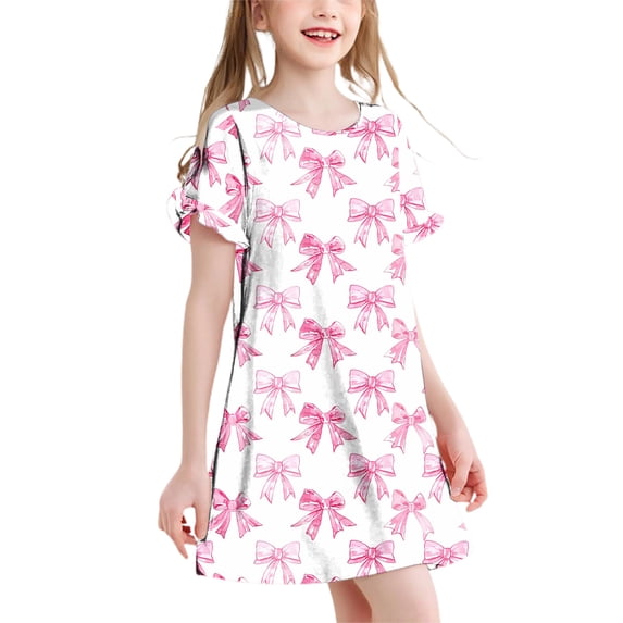 Riecok Girls Summer Dresses 3-12 Years Old Crewneck Ruffle Short Sleeve Mini Dress Bow Print Trendy Vacation Clothes