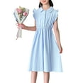 thumbnail image 1 of Riecok Girls' Summer Dresses Solid Color Flutter Sleeve Princess Dress Cute Elegant Tween Big Girls 8-14 Years Casual Party Sleeveless Lapel Collar Button Dress Blue 110, 1 of 5