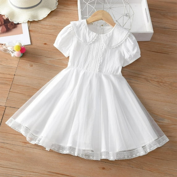 Riecok Girls Summer Lace Princess Dress Round Neck Short Sleeve Elegant Tulle Skirt with Bowknot Design for Party Wedding Birthday 2-14 Years White 4 Years