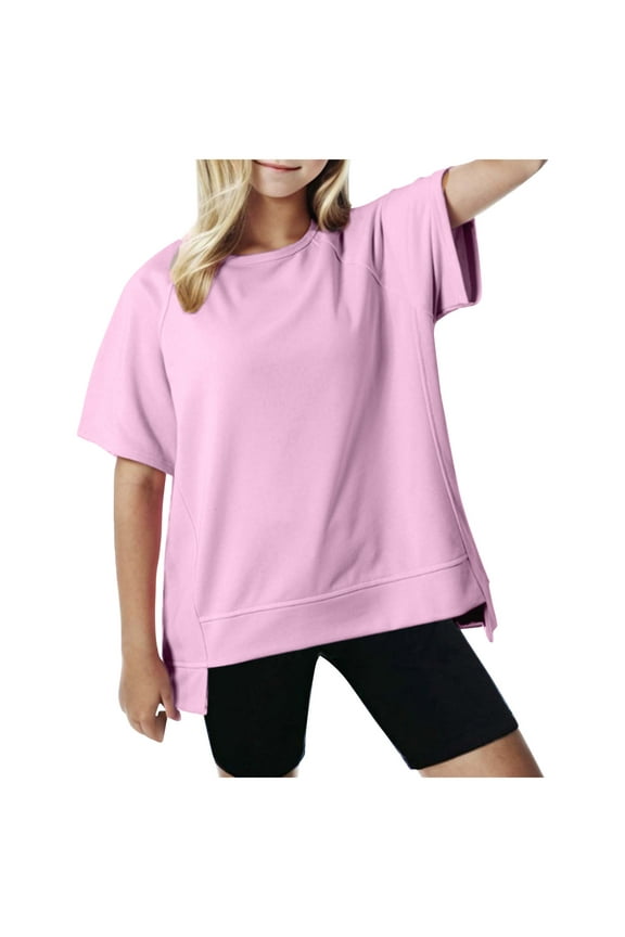 Girls Summer Short Sleeve Round-Neck Casual Solid Color Comfortable Soft Fashion Undershirts Tee Shirt Top Kids Blouse Pink 11 T