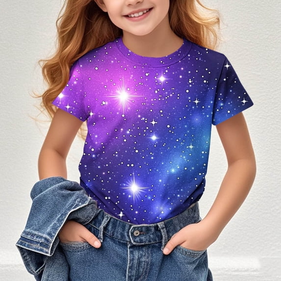 Riecok Girls Summer Short Sleeve Round-Neck Oversized T Shirts Kids All-match Fashion Lightweight Comfortable Toddler Kids Girls 2025 Purple 5 Years