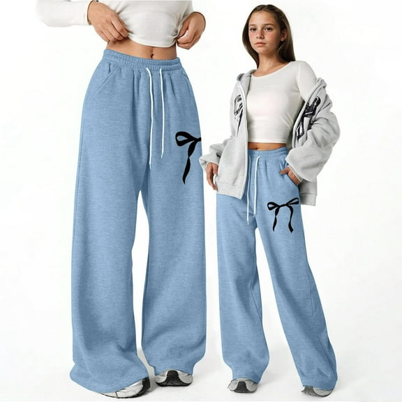 Riecok Girls Sweatpants Wide Leg High Waisted Drawstring Baggy Athletic Pants With Pockets Bow Printed Casual Comfortable Pants Blue 120