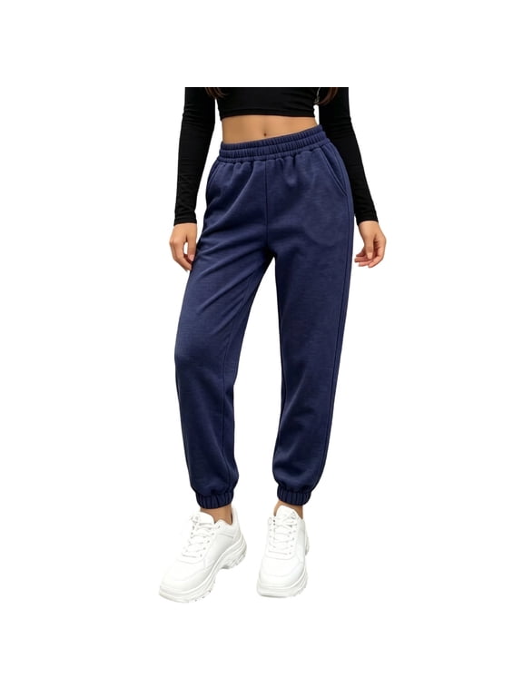 Girls Sweatpants with Pcockets Elastic Waist Pants Pull on Tapered Sweat Pant Solid Workout Fall Trouser with Pockets Navy 5-6T