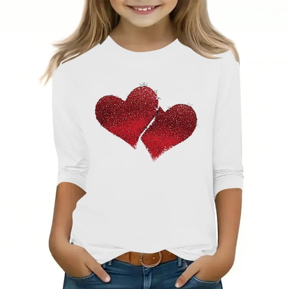 Riecok Girls T Shirts Valentine's Day Crewneck 3/4 Sleeve Tops Lightweight Blouses Heart Print Dressy Summer Tees
