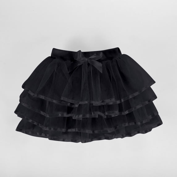 Riecok Girls Tiered Skirt Elastic Waist Mesh Princess Puffy Skorts Layered Lightweight Bow Tiered Skirt Black 12-13Years