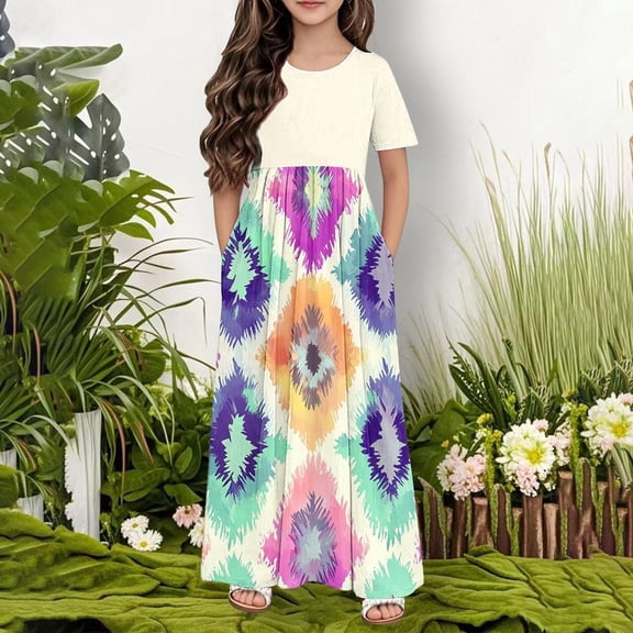 Riecok Girls Vintage Print Short Sleeve Long Summer Dress with Pockets White 9 Years