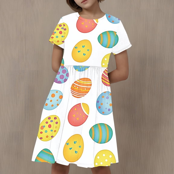Riecok Girls Whimsical Farm Animal Bunny and Egg Short Sleeve Pleated Dress (4-14 Years) Kids Adorable Easter Outfit Multicolor 150