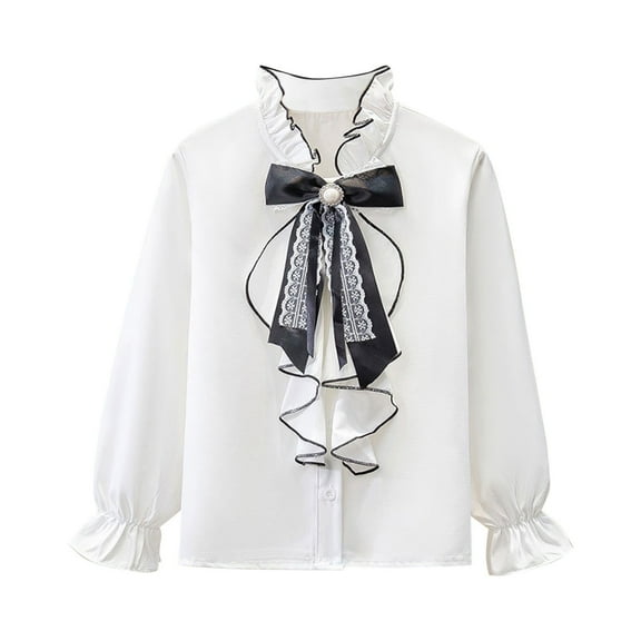 Riecok Girls White Blouse with Collar Ruffle Solid Button up Blouse Long Sleeve Basic Dressy Dress Tops