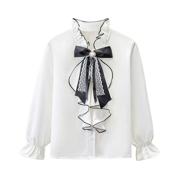 Riecok Girls White Blouse with Collar Ruffle Solid Button up Blouse Long Sleeve Basic Dressy Dress Tops