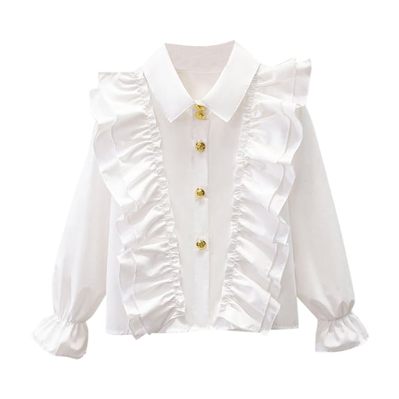Riecok Girls White Ruffle Shirt Lapel Collared Solid Button down Blouse Long Sleeve Breathable Basic Dressy Tops