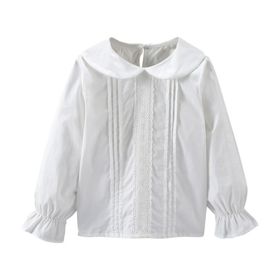 Riecok Girls White Shirt Ruffle Lapel Collared Solid Button up Blouse Long Sleeve Breathable Basic Dress Tops