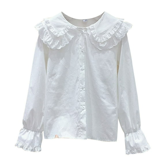 Riecok Girls White Uniform Shirt Ruffle Lapel Collared Solid Button up Blouse Long Sleeve Basic Dressy Tops