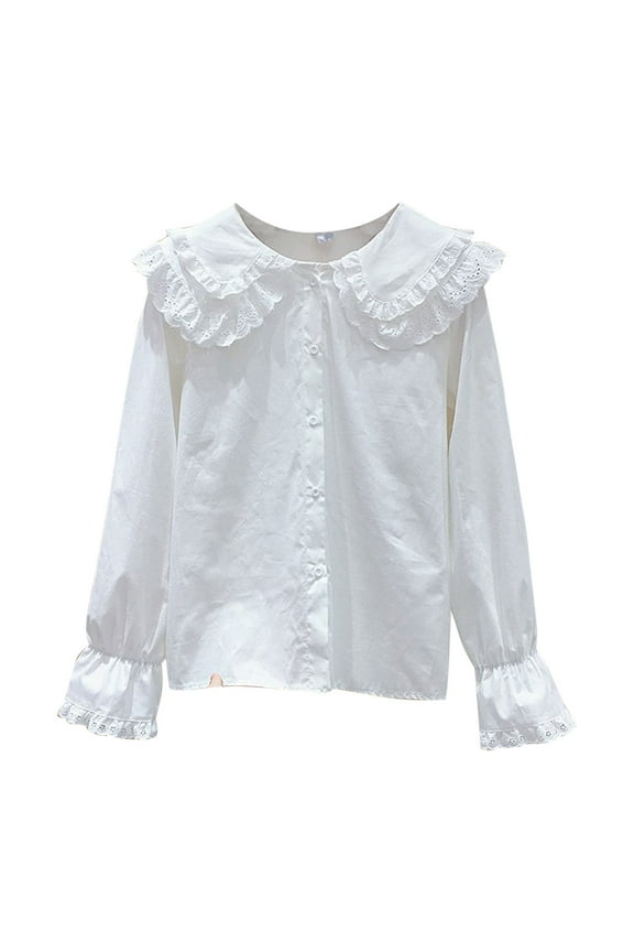Girls White Uniform Shirt Ruffle Lapel Collared Solid Button up Blouse Long Sleeve Basic Dressy Tops