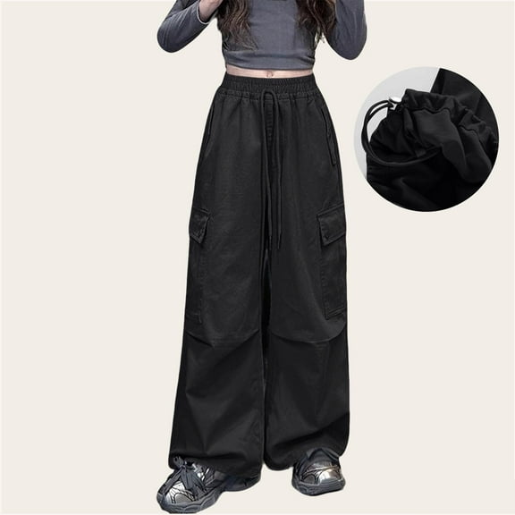 Riecok Girls Wide Leg Cargo Pants Elastic Waist Casual Trousers Bottom with Pockets Solid Color Pull on Pants Black 14 Years