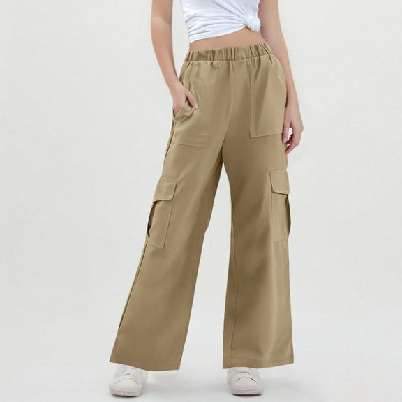 Riecok Girls Wide Leg Cargo Pants Elastic Waist Casual Trousers Bottom with Pockets Solid Color Pull on Pants Khaki 9 Years