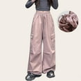 thumbnail image 1 of Riecok Girls Wide Leg Cargo Pants Elastic Waist Casual Trousers Bottom with Pockets Solid Color Pull on Pants Pink 9 Years, 1 of 6
