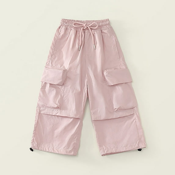 Riecok Girls Wide Leg Cargo Pants Elastic Waist Casual Trousers Bottom with Pockets Solid Color Sweatpants Pink 140