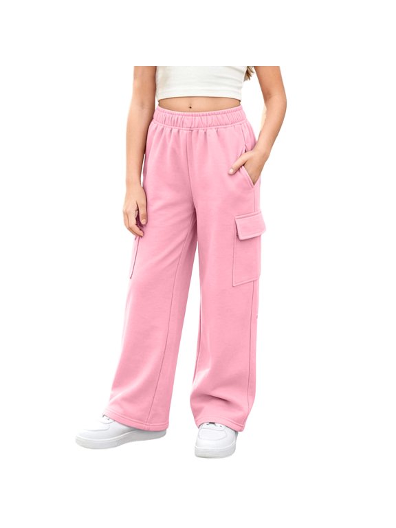 Girls Wide Leg Sweatpants Elastic Waist Cargo Pant Pull on Pants Solid Workout Trousers with Pockets Pink 11-12Y