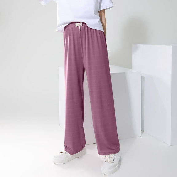 Riecok Girls Wide Leg Sweatpants Elastic Waist with Pockets Solid Color Casual Trackpants Pink 11 Years