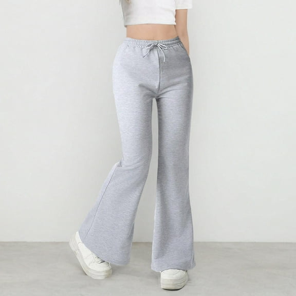 Riecok Girls Wide Leg Sweatpants Waisted Drawstring with Pockets Solid Color Casual Trackpants Gray 16 Years