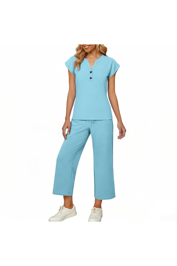 Going out Sets for Women 2 Piece Loose Matching Sets Short Sleeve Tops and Pant with Pockets Leisure Outfits Blue M