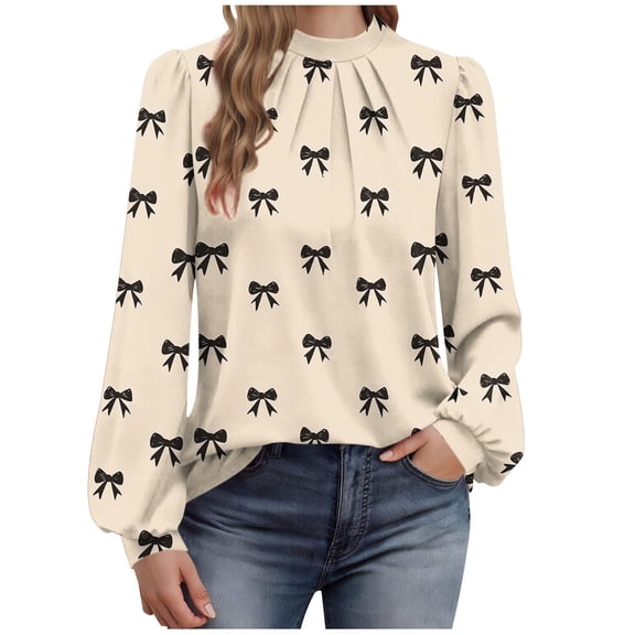 Riecok Graphic Tee Shirts for Women Long Sleeve Bow Print Crewneck Pullover Pleated Tunic Tops Casual Versatile Blouses