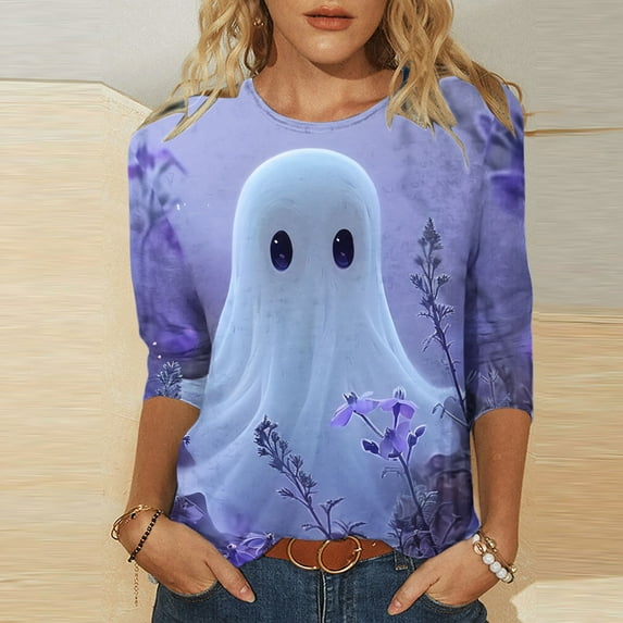 Riecok Halloween 3/4 Sleeve Shirts for Women Pullover Spring Plus Size Scoop Neck Tops Loose Loose Fit Comfy Sexy Casual Soft Tees Shirts Blouse Breathable Elegant Winter Clothes Purple 3XL