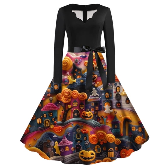 Riecok Halloween 60s Dresses for Women Vintage Fall Classy Swing Dress Flowy V-Neck Long Sleeve Evening Party Prints Fall&nbsp;Winter&nbsp;Clothes Orange L