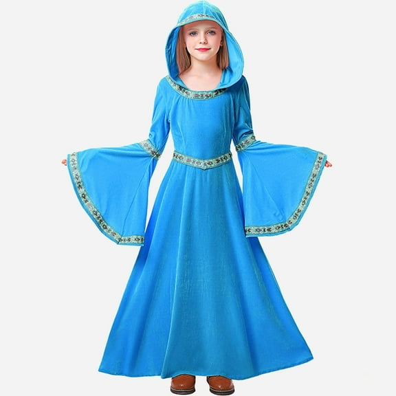 Riecok Halloween Dress for Kids Girl Flared Long Sleeve Fashion Court Outfit Hooded Dresses with Belt Stage Performance Birthday Party Embroidered Long Dress Blue 5 Years