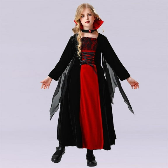 Riecok Halloween Dress for Kids Girl Long Sleeve Fashion Court Outfit Dresses Stage Performance Birthday Party Embroidered Long Dress Red 11 Years