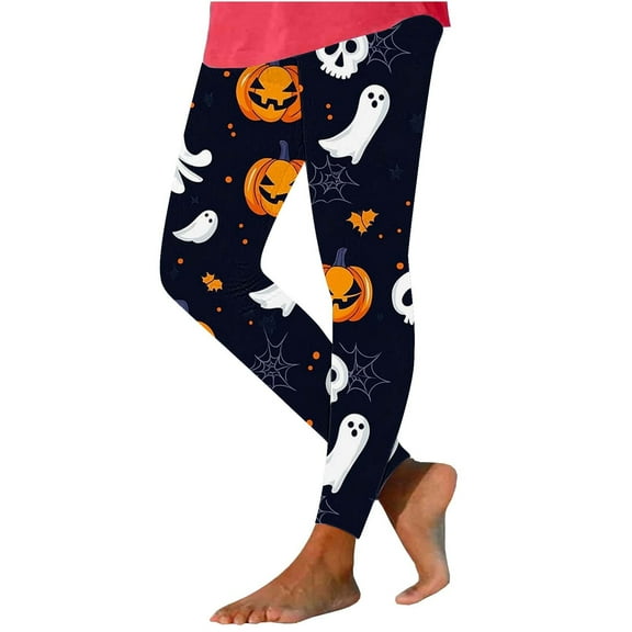 Riecok Halloween Leggings for Women High Waist Casual Stretchy Pumpkin Print Workout Pants Trendy Streetwear