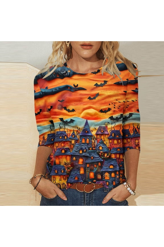Halloween Printed Womens Blouses Dressy Casual Splicing Holiday Gifts Blouses 3/4 Sleeve Pullovers Crew Neck Tops Fall Loose Fit Tees Clothes Fashion Halloween Party Orange M