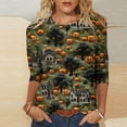 thumbnail image 1 of Riecok Halloween Printed Womens Blouses Dressy Casual Splicing Holiday Gifts Blouses 3/4 Sleeve Pullovers Crew Neck Tops Fall Loose Fit Tees Clothes Seasonal Halloween Party Orange S, 1 of 4