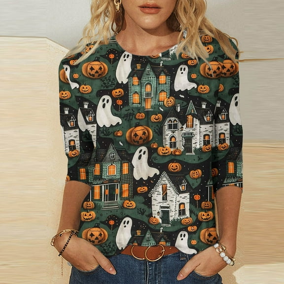Riecok Halloween Printed Womens Blouses Dressy Casual Splicing Holiday Gifts Blouses 3/4 Sleeve Pullovers Crew Neck Tops Fall Loose Fit Tees Clothes Lightweight Clothes Halloween Party Orange XL