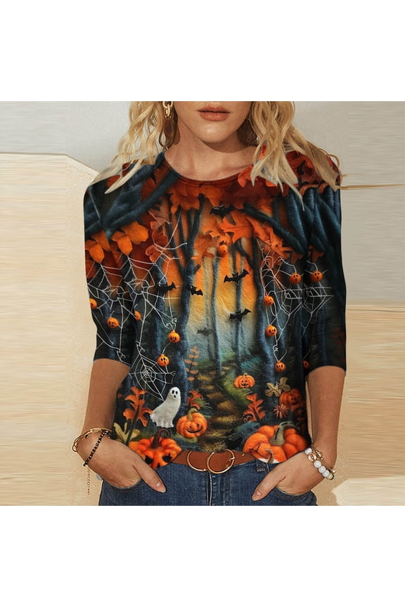 Halloween Printed Womens Blouses Dressy Casual Splicing Holiday Gifts Blouses 3/4 Sleeve Pullovers Crew Neck Tops Fall Loose Fit Tees Clothes Lightweight Halloween Party Orange S