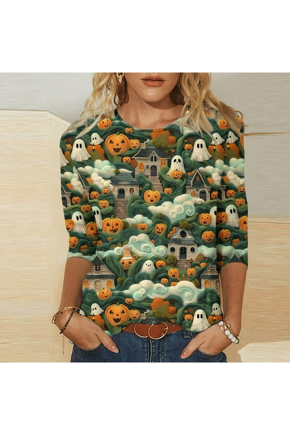 Halloween Printed Womens Blouses Dressy Casual Splicing Holiday Gifts Blouses 3/4 Sleeve Pullovers Crew Neck Tops Fall Loose Fit Tees Clothes Fashion Halloween Party Orange XL