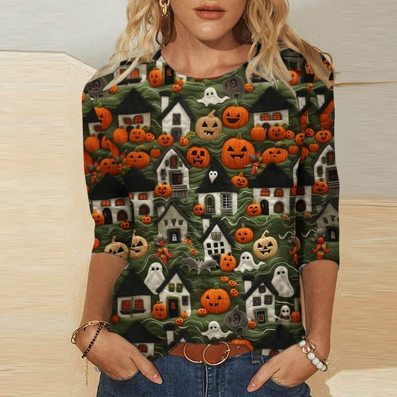 Riecok Halloween Printed Womens Blouses Dressy Casual Splicing Holiday Gifts Blouses 3/4 Sleeve Pullovers Crew Neck Tops Fall Loose Fit Tees Clothes Classic Halloween Party Green L