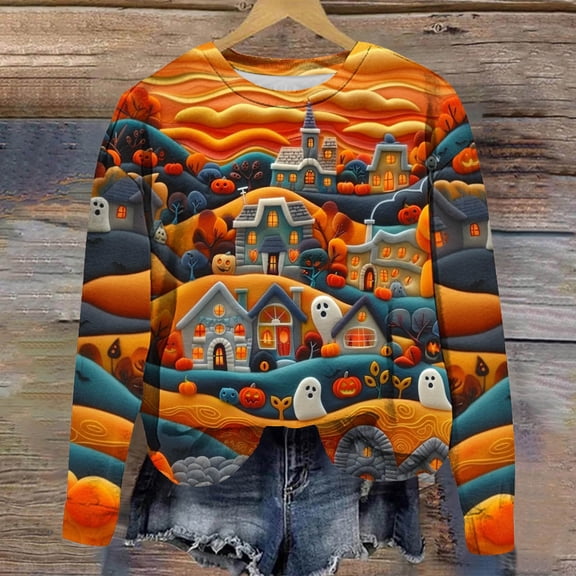 Riecok Halloween Printed Womens Blouses Dressy Casual Splicing Holiday Gifts Blouses 3/4 Sleeve Pullovers Crew Neck Tops Fall Loose Fit Tees Clothes Fashion Halloween Party Orange L