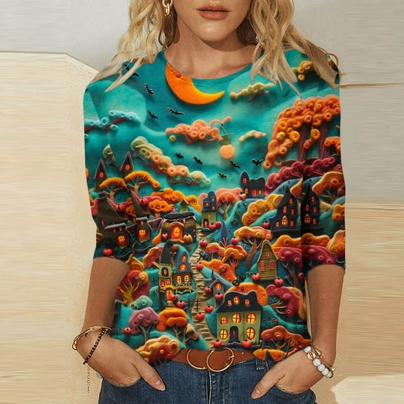 Riecok Halloween Printed Womens Blouses Dressy Casual Splicing Holiday Gifts Blouses 3/4 Sleeve Pullovers Crew Neck Tops Fall Loose Fit Tees Clothes Seasonal Halloween Party Orange S