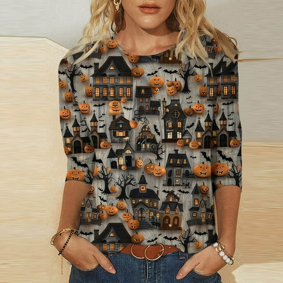 Riecok Halloween Printed Womens Blouses Dressy Casual Splicing Holiday Gifts Blouses 3/4 Sleeve Pullovers Crew Neck Tops Fall Loose Fit Tees Clothes Classic Halloween Party Orange XL