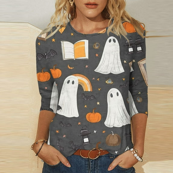 Riecok Halloween Printed Womens Blouses Dressy Casual Splicing Holiday Gifts Blouses 3/4 Sleeve Pullovers Crew Neck Tops Fall Loose Fit Tees Clothes Seasonal Halloween Party Orange XXXL